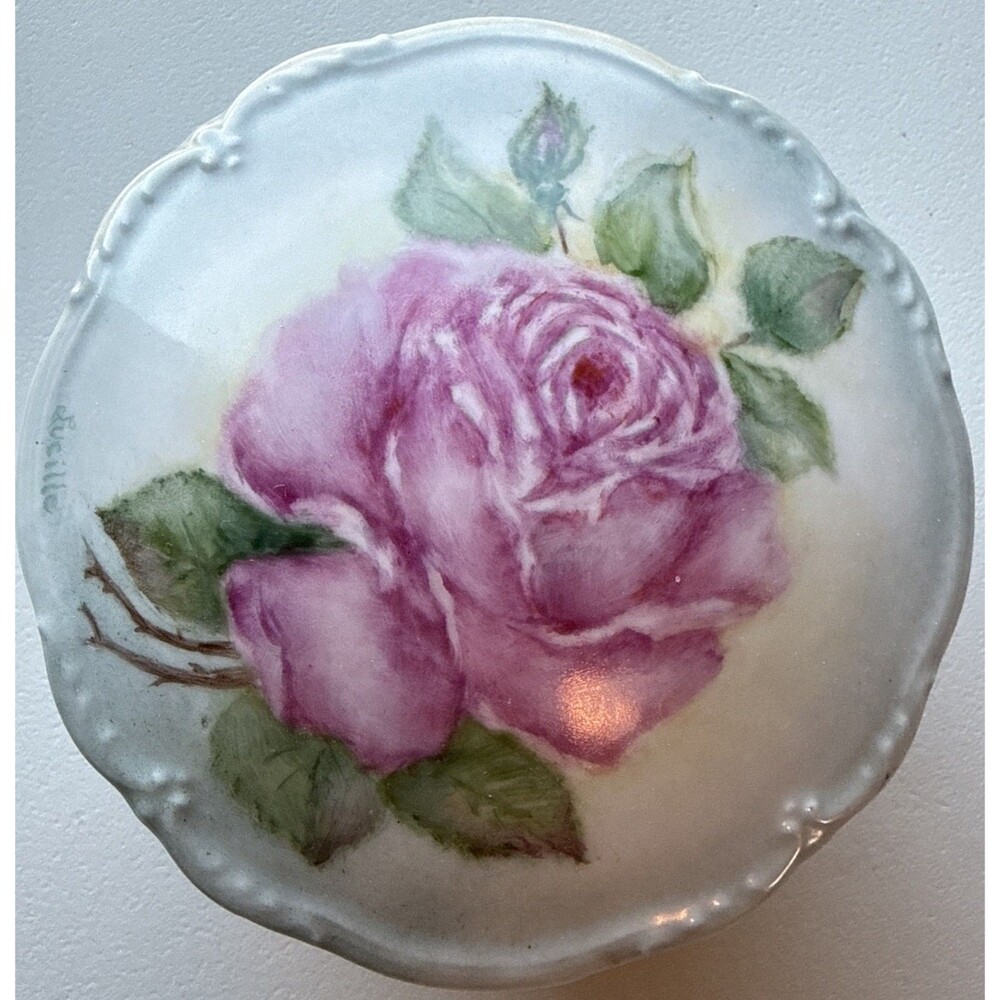 Vintage Ceramic Hand Painted Rose Floral Jewelry Trinket Box Made In Germany‎